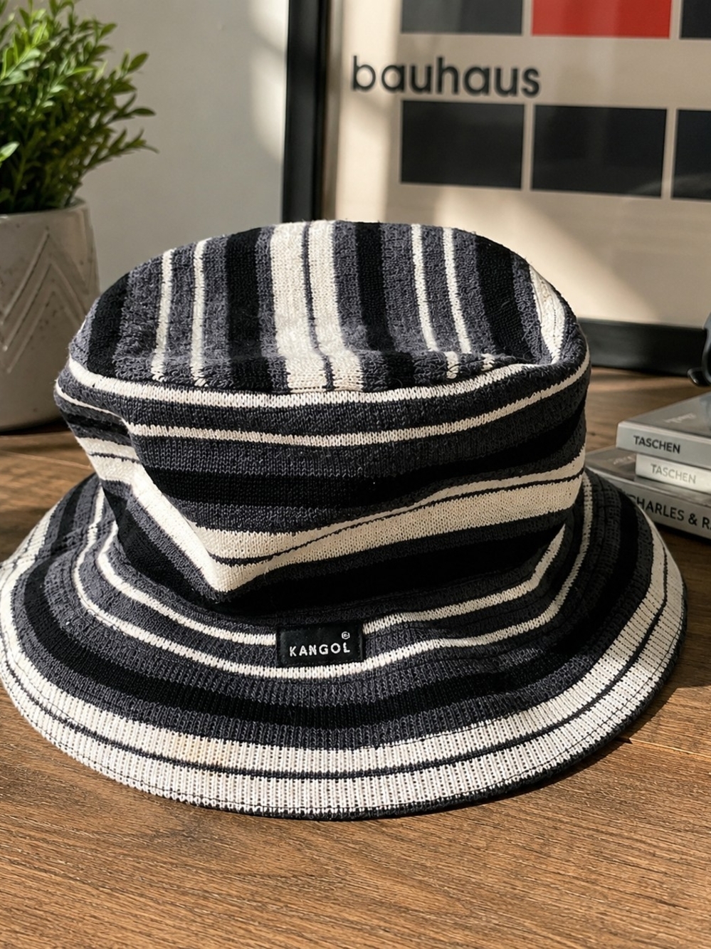 Kangol Black & White Striped Knit Bucket Hat